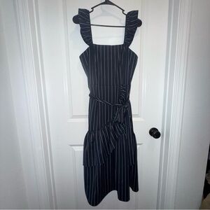 Antonio Melani | Navy & White Striped Ruffle Belted Midi Dress | Size 4